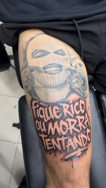 Chicano ski mask piece with script lettering