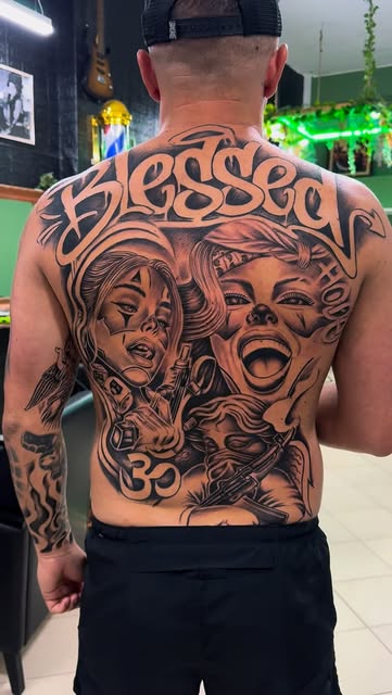 Full back chicano piece with Blessed lettering
